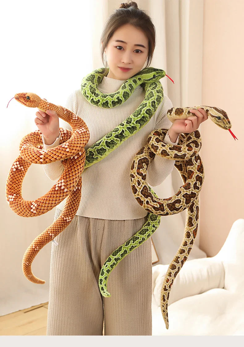 Lifelike Long Plush Snakes in Brown, Green, and Orange