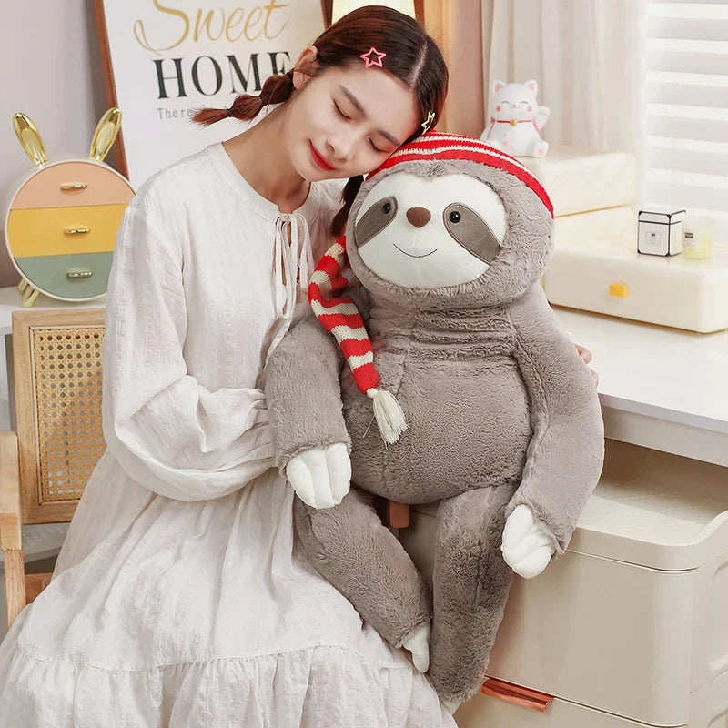 Adorable Kawaii Christmas Sloth Plushie with Festive Striped Hat