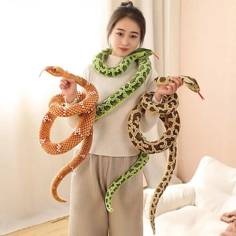 Lifelike Long Plush Snakes in Brown, Green, and Orange