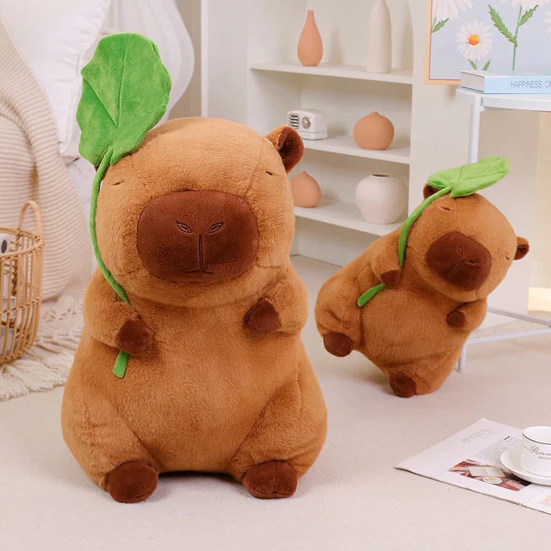 Adorable Kawaii Capybara Plushie Cuddling a Leaf