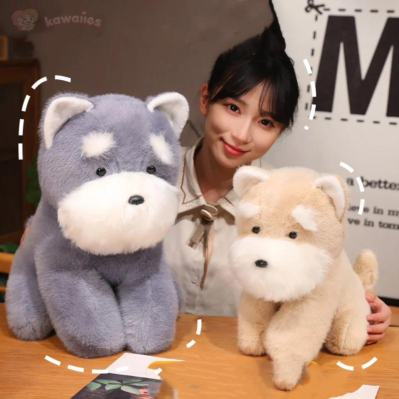 Adorable Fluffy Gray and Beige Schnauzer Dog Plush Toy
