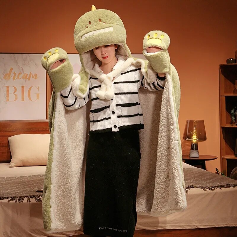 Cozy Black Cat & Green Dino Plush Cape Hoodie Blanket for Ultimate Comfort