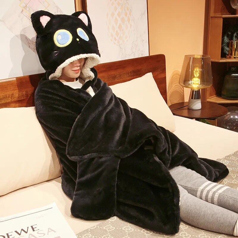 Cozy Black Cat & Green Dino Plush Cape Hoodie Blanket for Ultimate Comfort