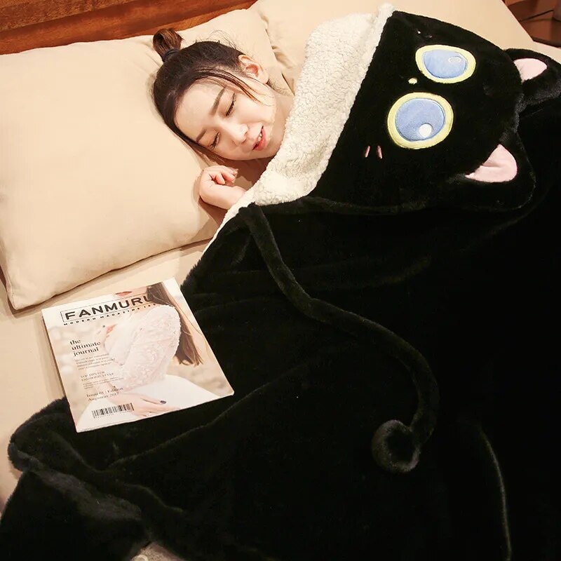 Cozy Black Cat & Green Dino Plush Cape Hoodie Blanket for Ultimate Comfort