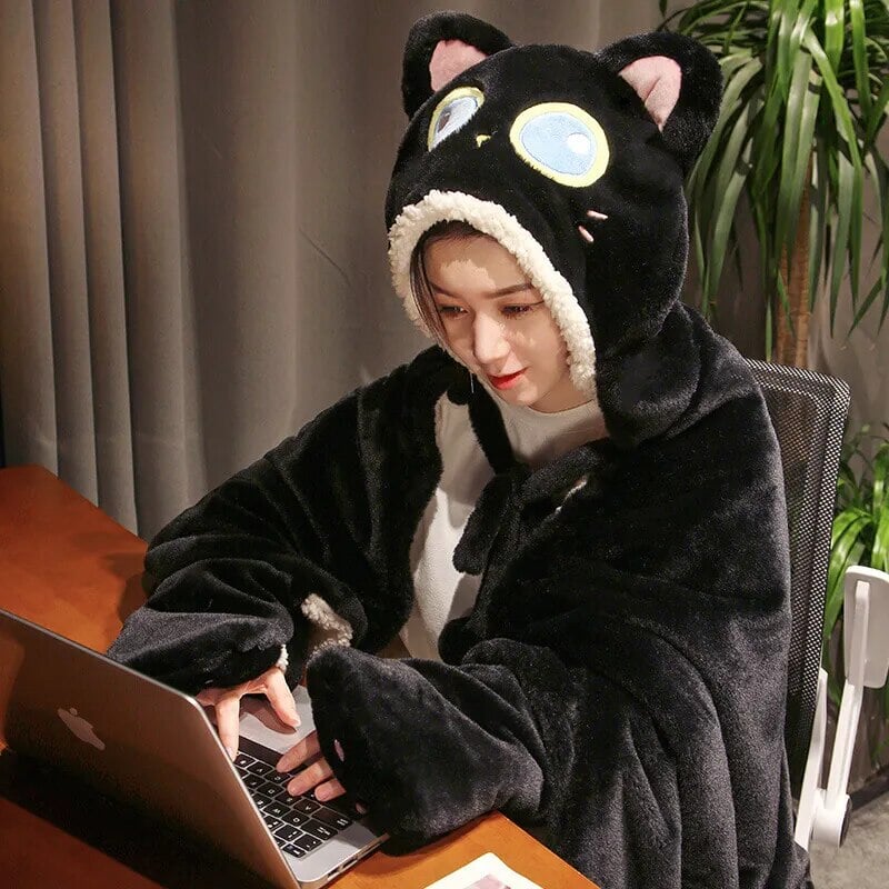 Cozy Black Cat & Green Dino Plush Cape Hoodie Blanket for Ultimate Comfort