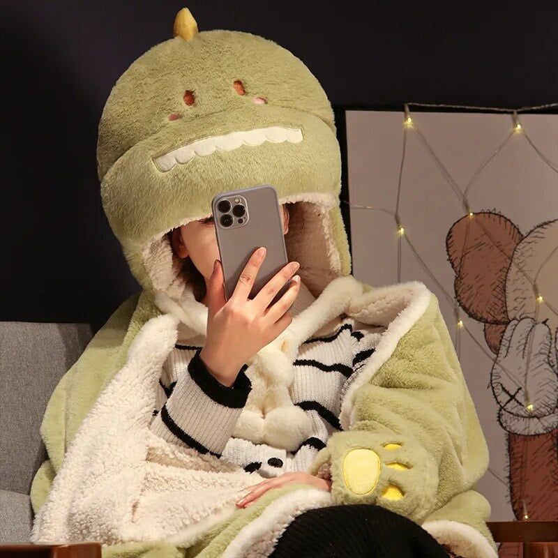 Cozy Black Cat & Green Dino Plush Cape Hoodie Blanket for Ultimate Comfort