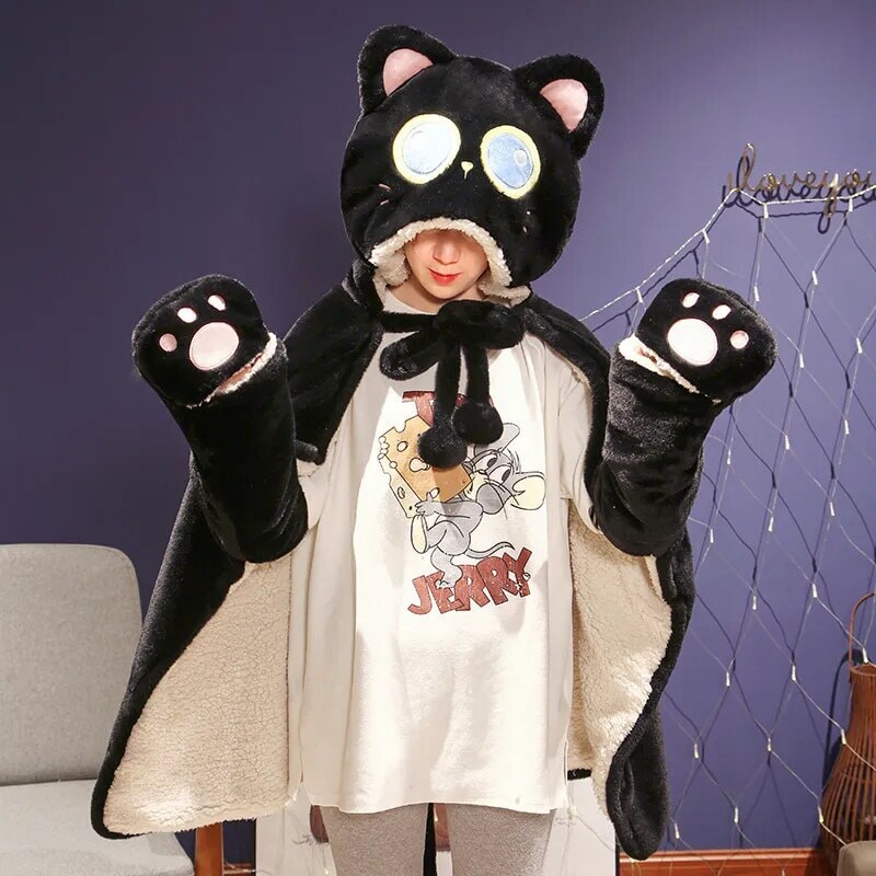 Cozy Black Cat & Green Dino Plush Cape Hoodie Blanket for Ultimate Comfort