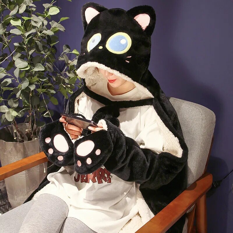 Cozy Black Cat & Green Dino Plush Cape Hoodie Blanket for Ultimate Comfort