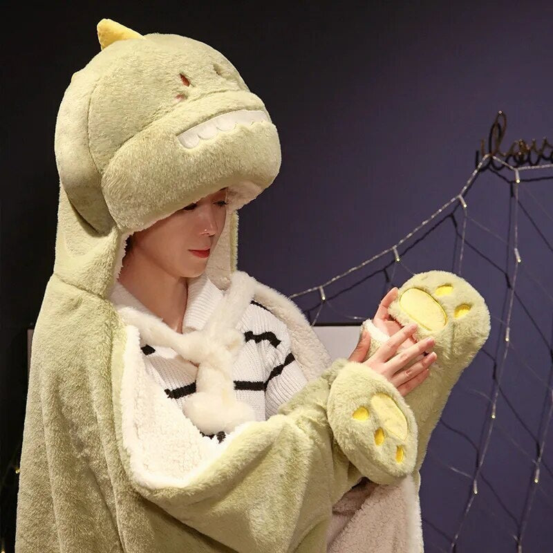Cozy Black Cat & Green Dino Plush Cape Hoodie Blanket for Ultimate Comfort