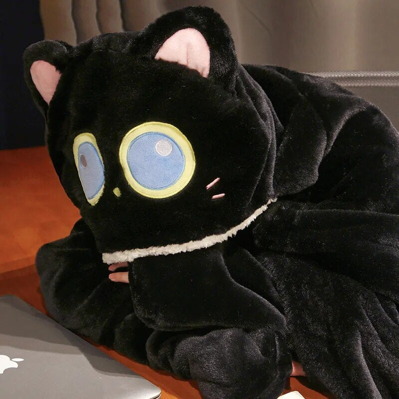 Cozy Black Cat & Green Dino Plush Cape Hoodie Blanket for Ultimate Comfort
