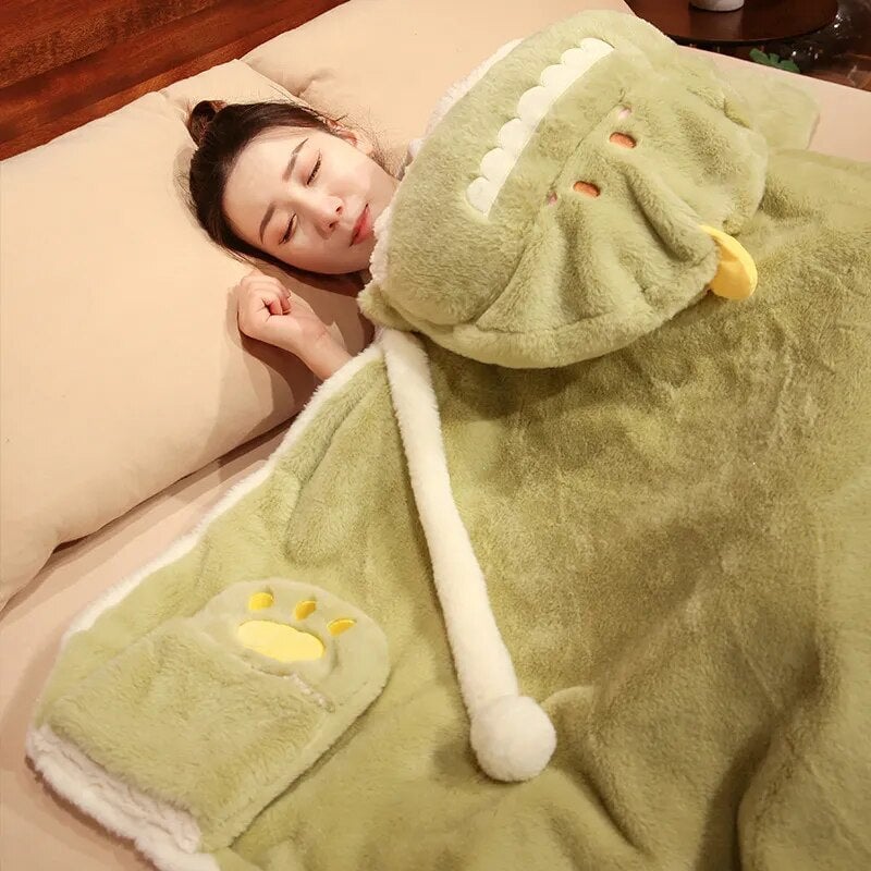 Cozy Black Cat & Green Dino Plush Cape Hoodie Blanket for Ultimate Comfort