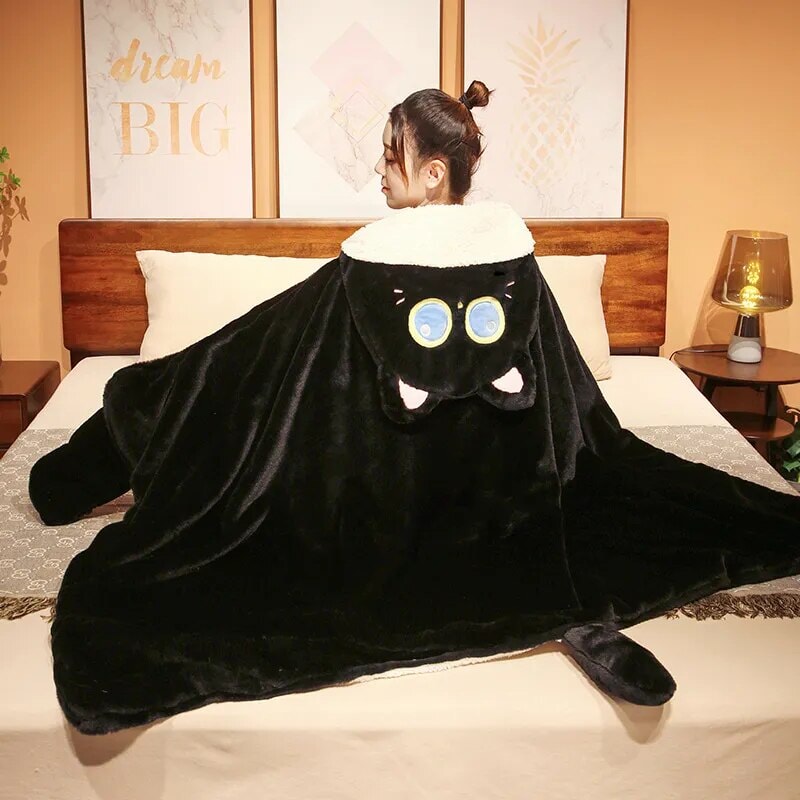 Cozy Black Cat & Green Dino Plush Cape Hoodie Blanket for Ultimate Comfort