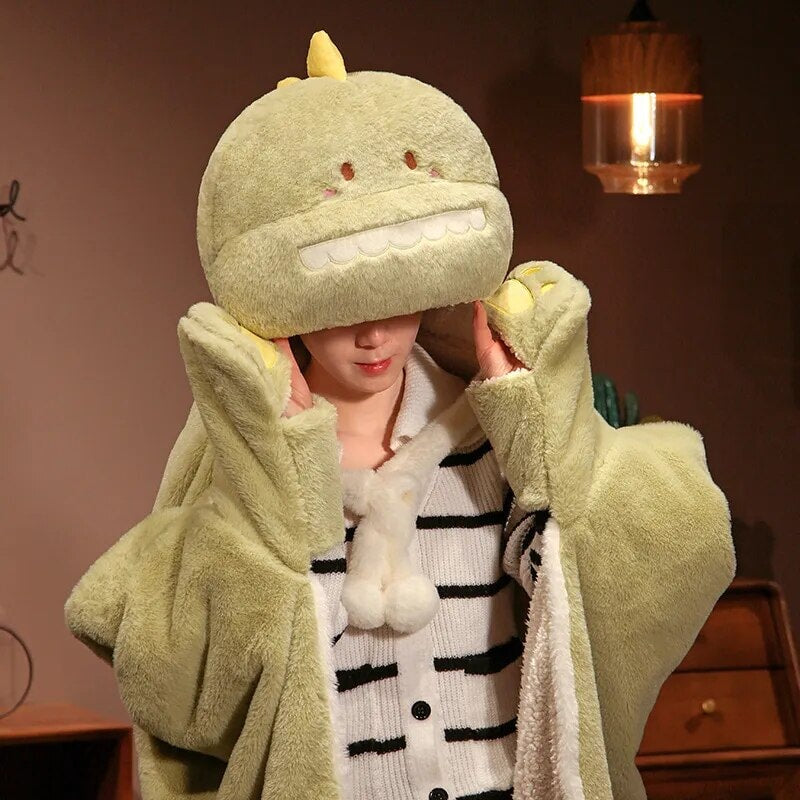 Cozy Black Cat & Green Dino Plush Cape Hoodie Blanket for Ultimate Comfort