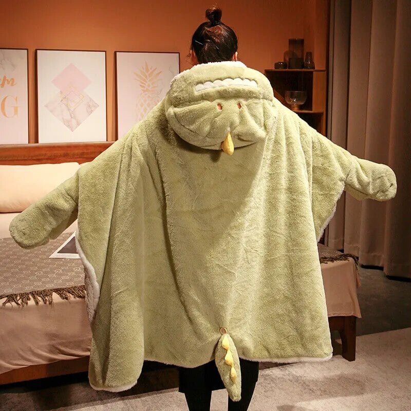 Cozy Black Cat & Green Dino Plush Cape Hoodie Blanket for Ultimate Comfort