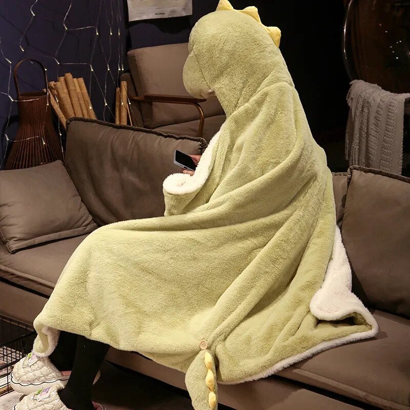 Cozy Black Cat & Green Dino Plush Cape Hoodie Blanket for Ultimate Comfort