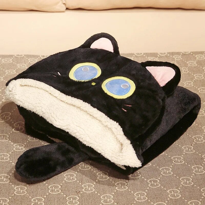 Cozy Black Cat & Green Dino Plush Cape Hoodie Blanket for Ultimate Comfort