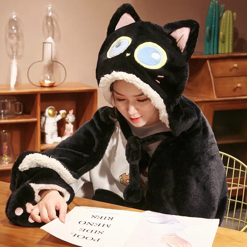 Cozy Black Cat & Green Dino Plush Cape Hoodie Blanket for Ultimate Comfort