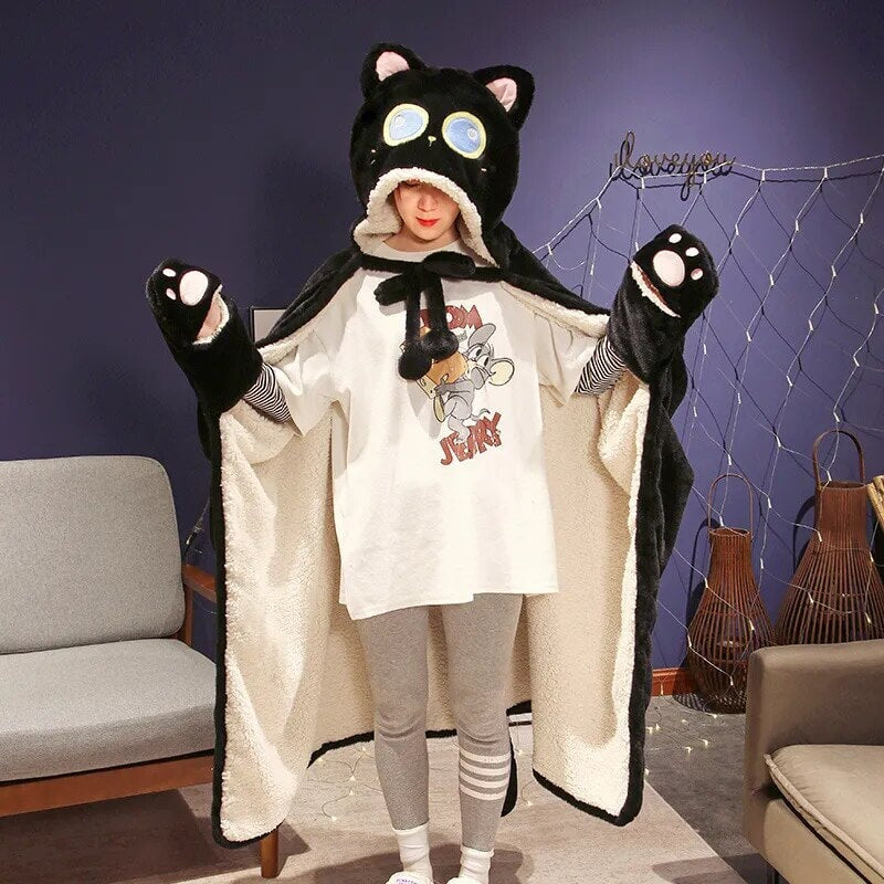 Cozy Black Cat & Green Dino Plush Cape Hoodie Blanket for Ultimate Comfort