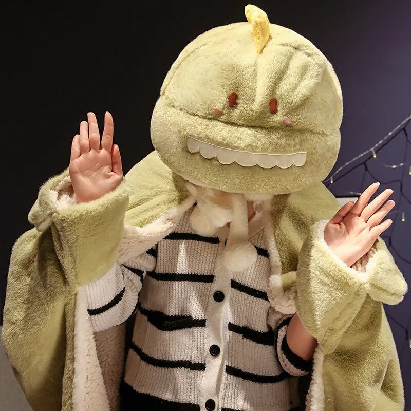 Cozy Black Cat & Green Dino Plush Cape Hoodie Blanket for Ultimate Comfort