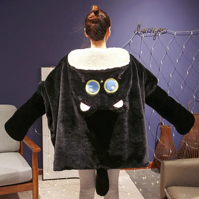 Cozy Black Cat & Green Dino Plush Cape Hoodie Blanket for Ultimate Comfort