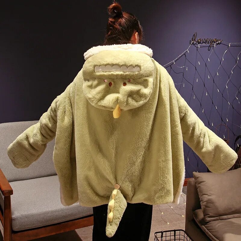 Cozy Black Cat & Green Dino Plush Cape Hoodie Blanket for Ultimate Comfort