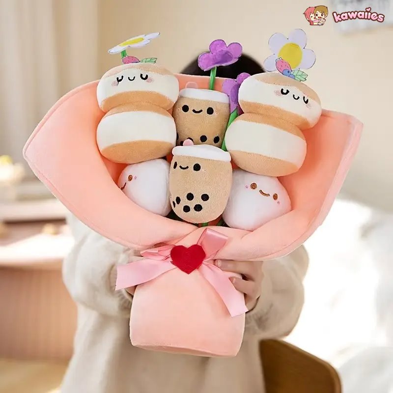 Delightful Boba Bubble Tea Plushie with a Charming Flower Bouquet Design