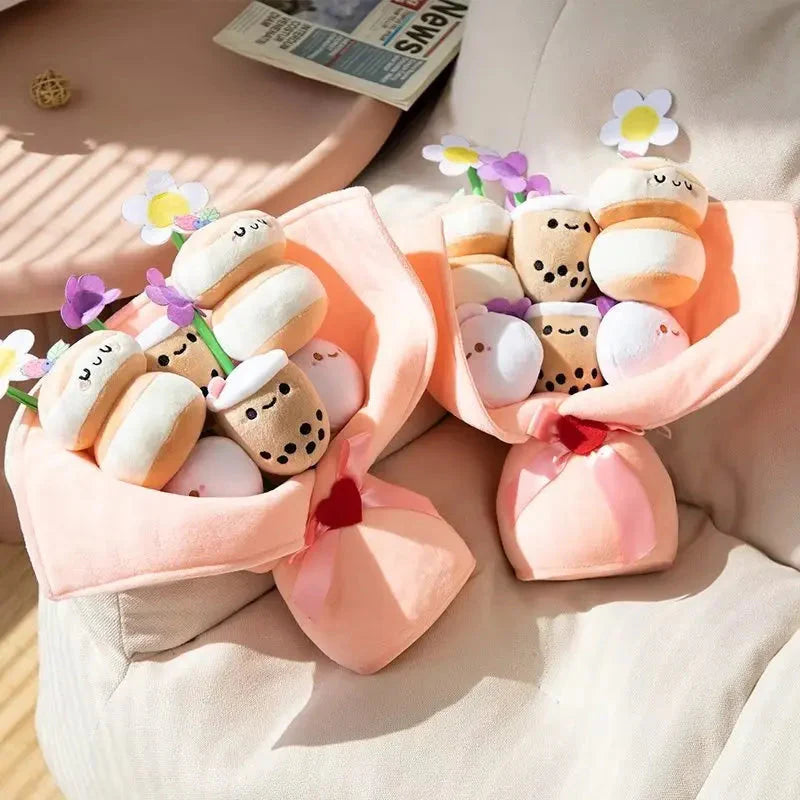 Delightful Boba Bubble Tea Plushie with a Charming Flower Bouquet Design