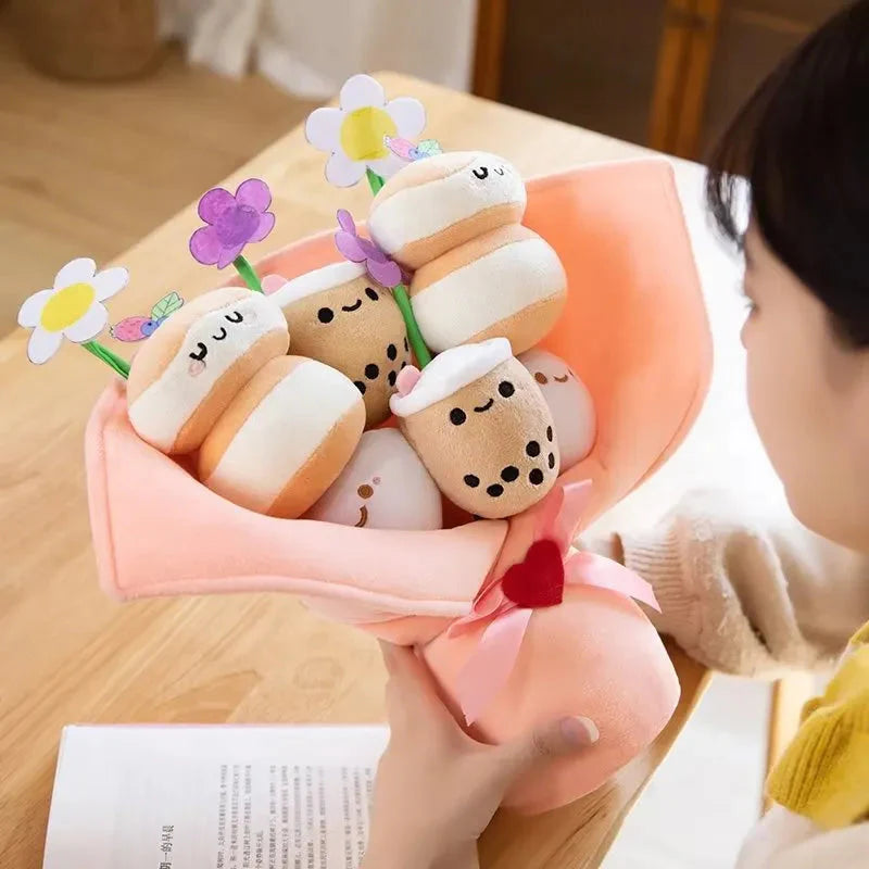 Delightful Boba Bubble Tea Plushie with a Charming Flower Bouquet Design