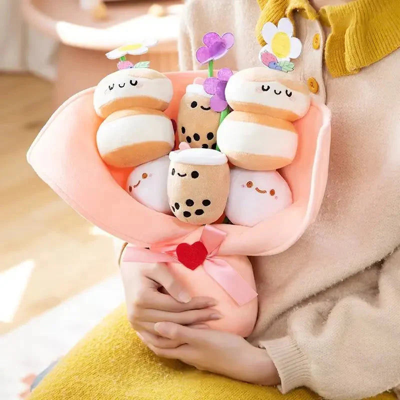 Delightful Boba Bubble Tea Plushie with a Charming Flower Bouquet Design