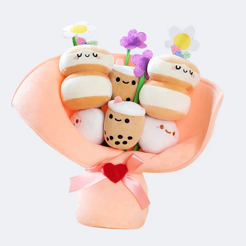 Delightful Boba Bubble Tea Plushie with a Charming Flower Bouquet Design