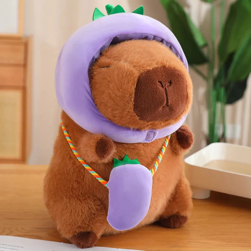 Adorable Capybara Plushie Dressed in Whimsical Vegetable Hats