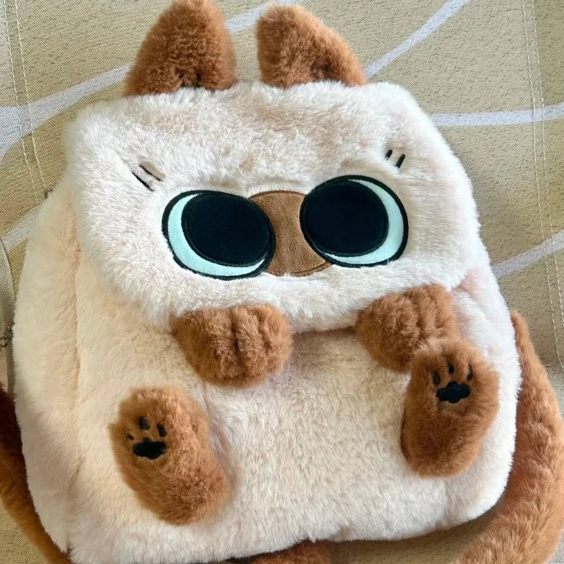 Adorable Fluffy Brown Burmese Cat Plush Handbag