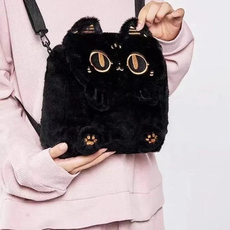 Adorable Fluffy Moon Black Cat Plush Purse