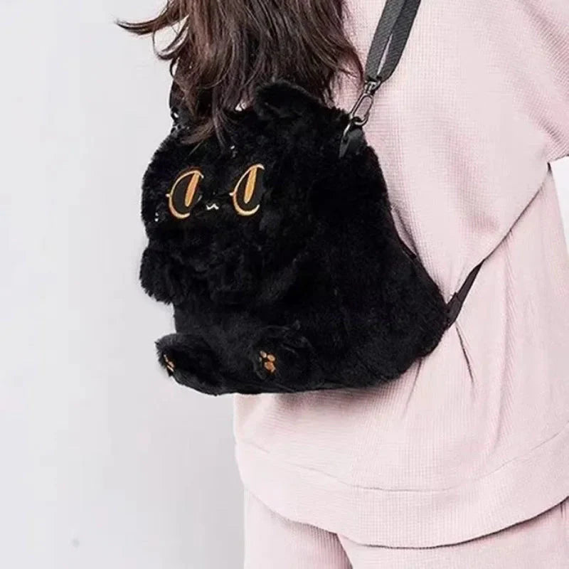 Adorable Fluffy Moon Black Cat Plush Purse