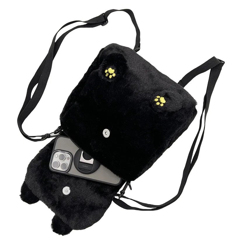 Adorable Fluffy Moon Black Cat Plush Purse