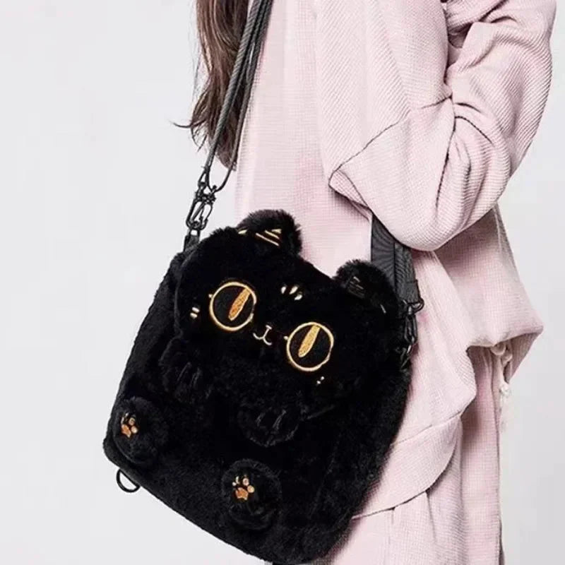 Adorable Fluffy Moon Black Cat Plush Purse