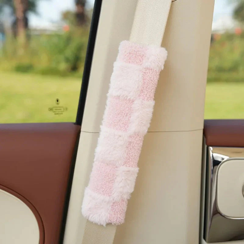 Cozy Fluffy Checkered Plush Car Seat Belt Cover for Ultimate Comfort