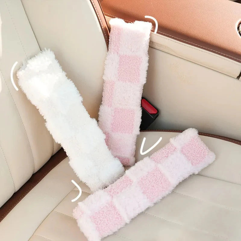 Cozy Fluffy Checkered Plush Car Seat Belt Cover for Ultimate Comfort
