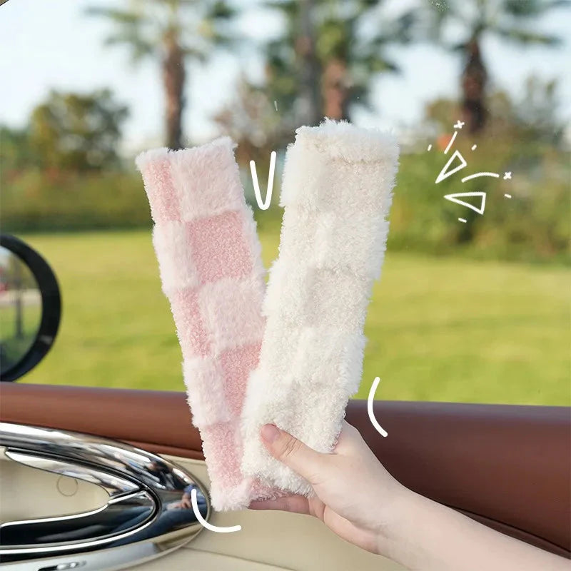 Cozy Fluffy Checkered Plush Car Seat Belt Cover for Ultimate Comfort