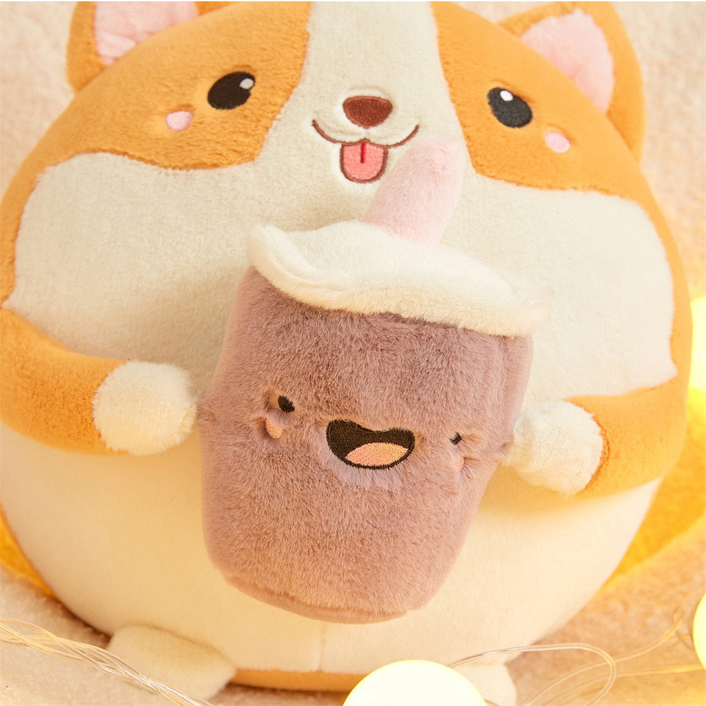 Adorable Fluffy Round Chubby Corgi Bubble Tea Plush Toy