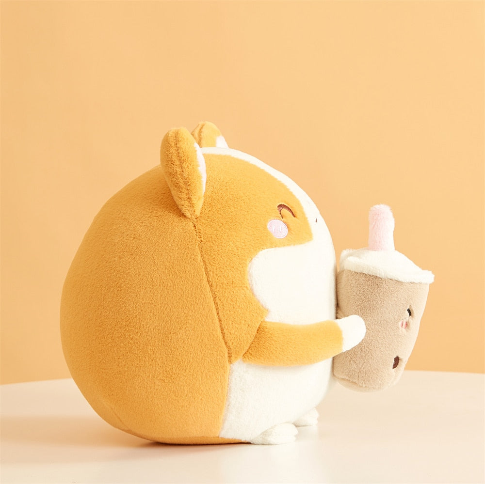 Adorable Fluffy Round Chubby Corgi Bubble Tea Plush Toy