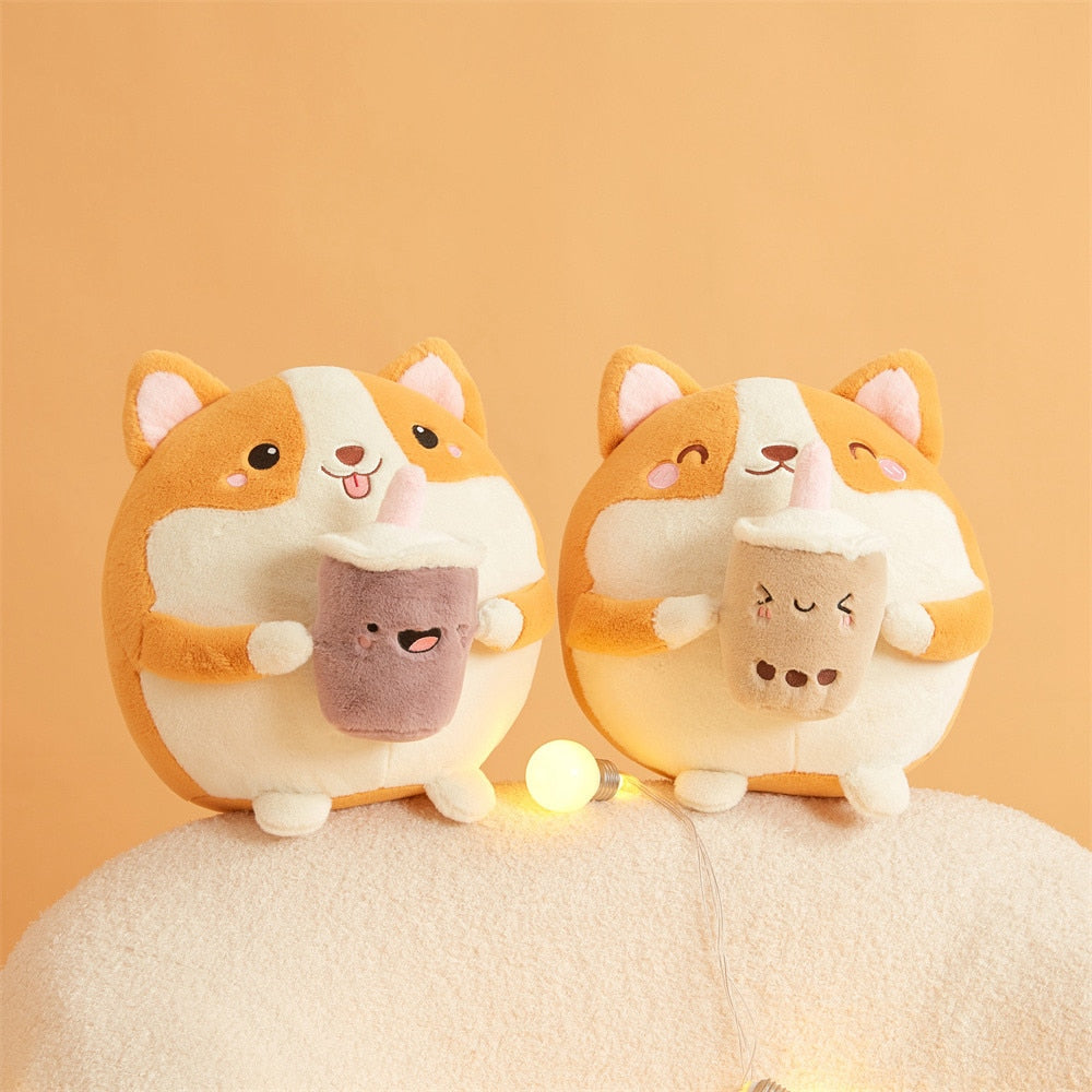 Adorable Fluffy Round Chubby Corgi Bubble Tea Plush Toy
