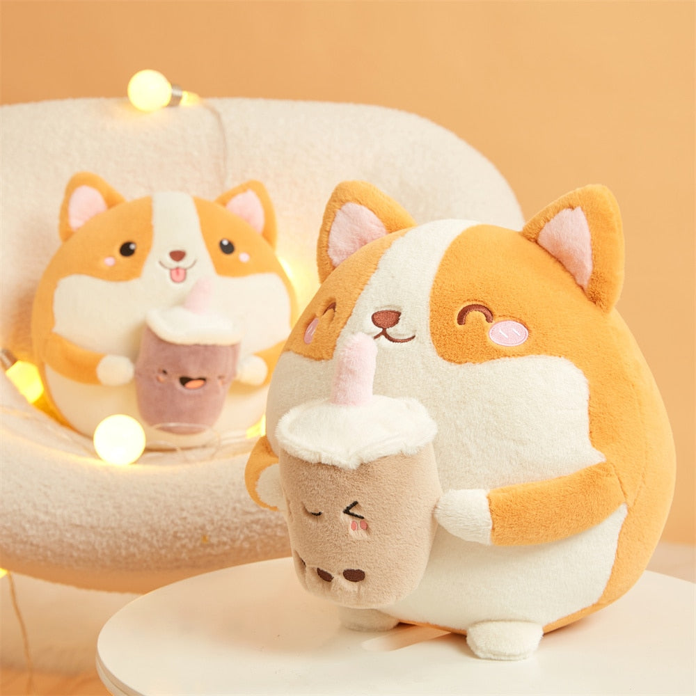 Adorable Fluffy Round Chubby Corgi Bubble Tea Plush Toy