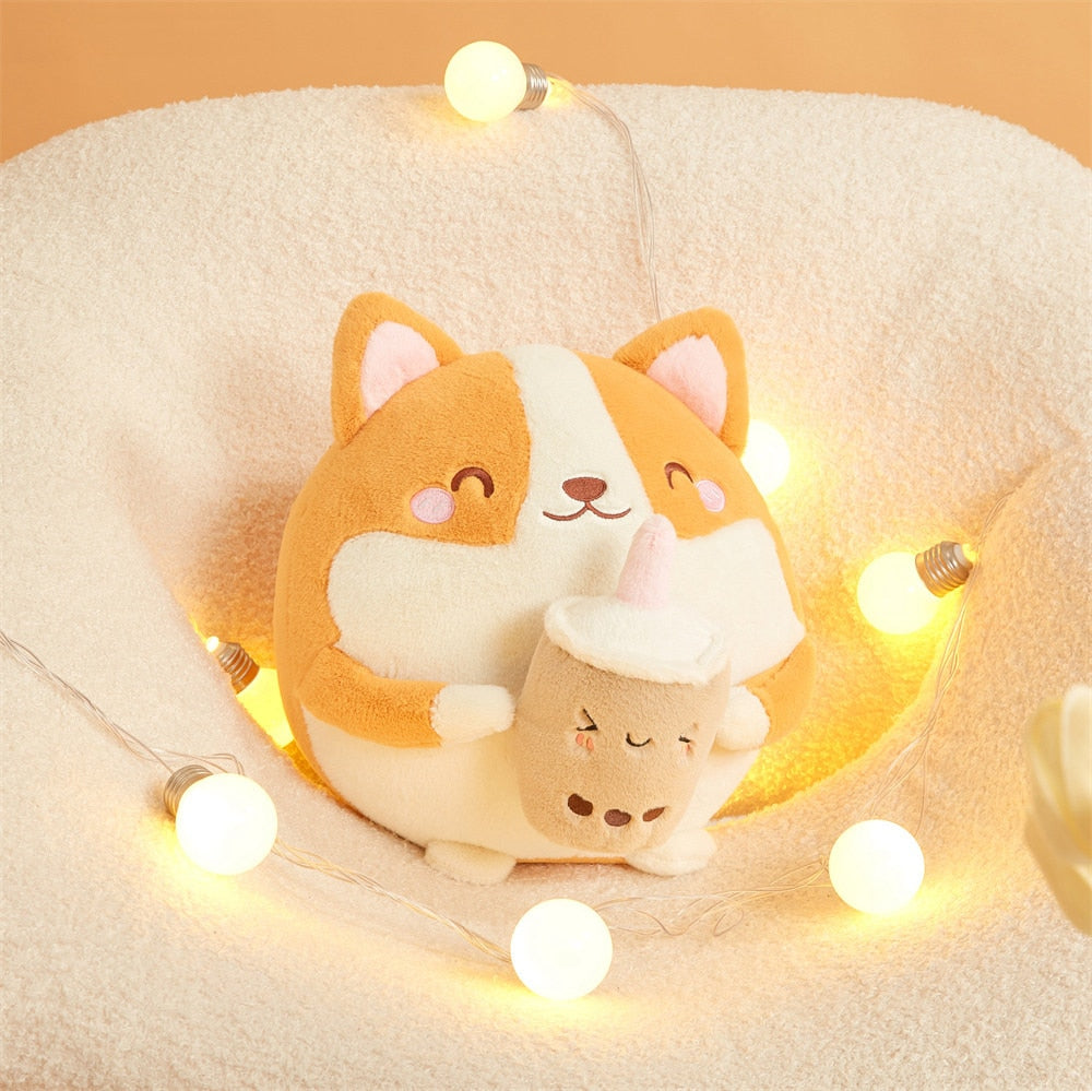 Adorable Fluffy Round Chubby Corgi Bubble Tea Plush Toy