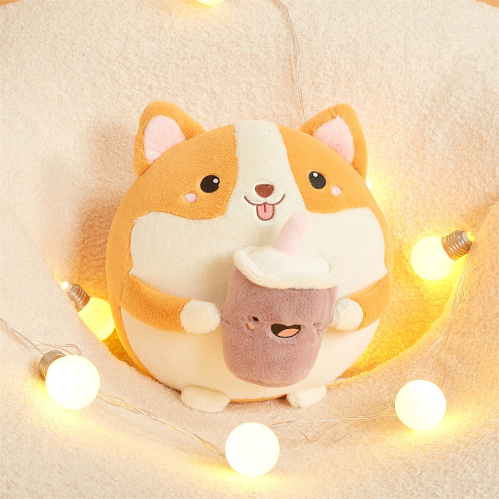 Adorable Fluffy Round Chubby Corgi Bubble Tea Plush Toy
