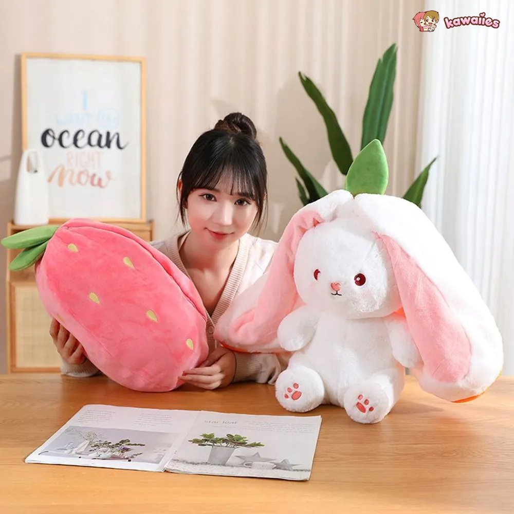 Adorable Fluffy Bunny Plushie with Strawberry and Carrot Accents - Zip Up Design!