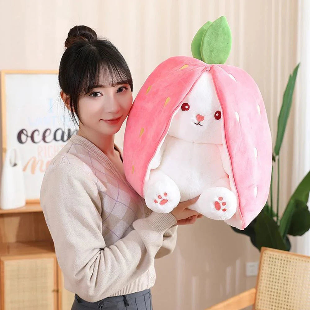 Adorable Fluffy Bunny Plushie with Strawberry and Carrot Accents - Zip Up Design!
