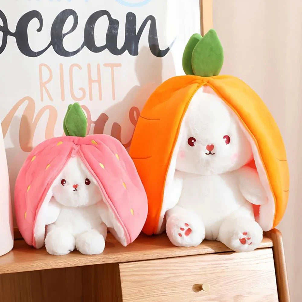 Adorable Fluffy Bunny Plushie with Strawberry and Carrot Accents - Zip Up Design!