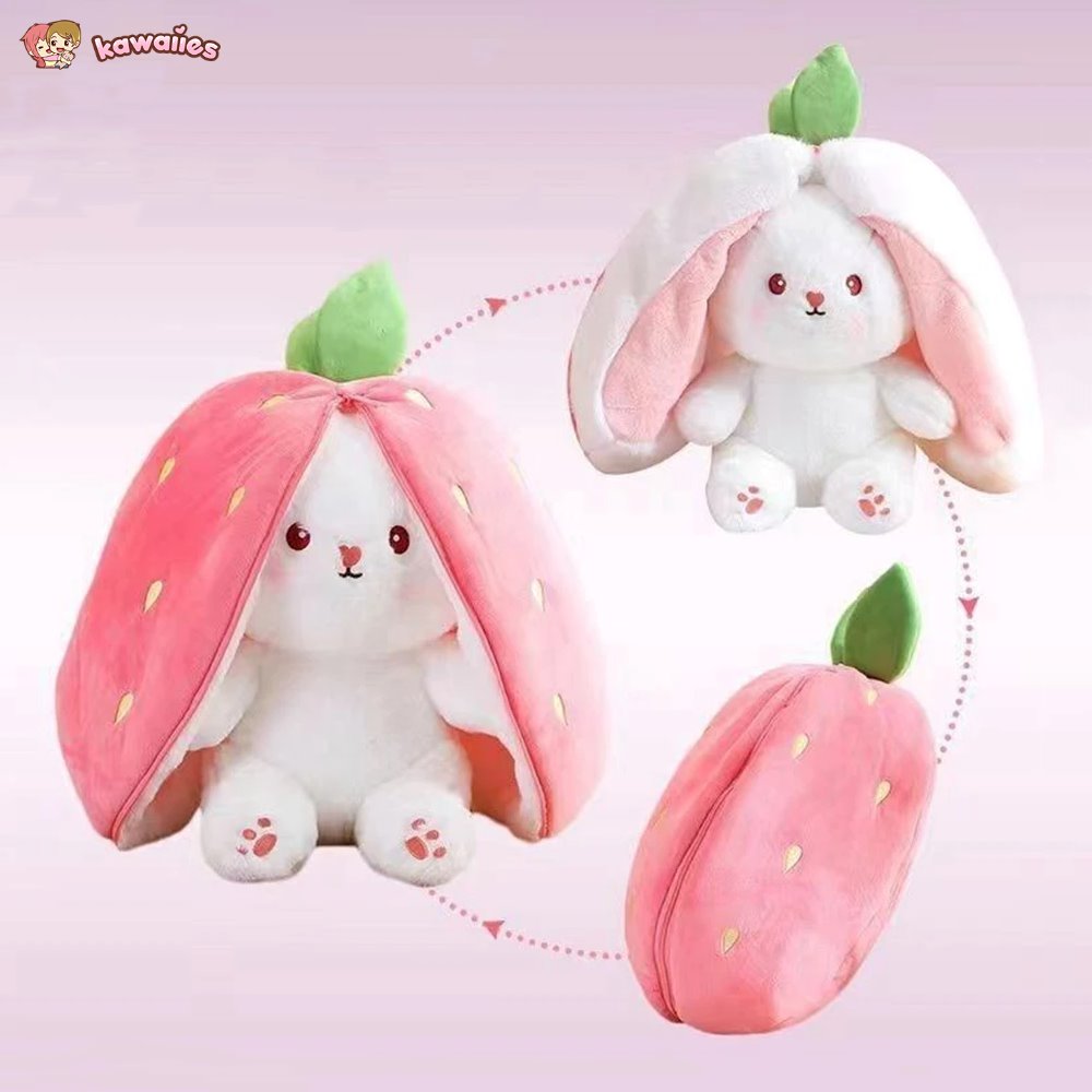 Adorable Fluffy Bunny Plushie with Strawberry and Carrot Accents - Zip Up Design!