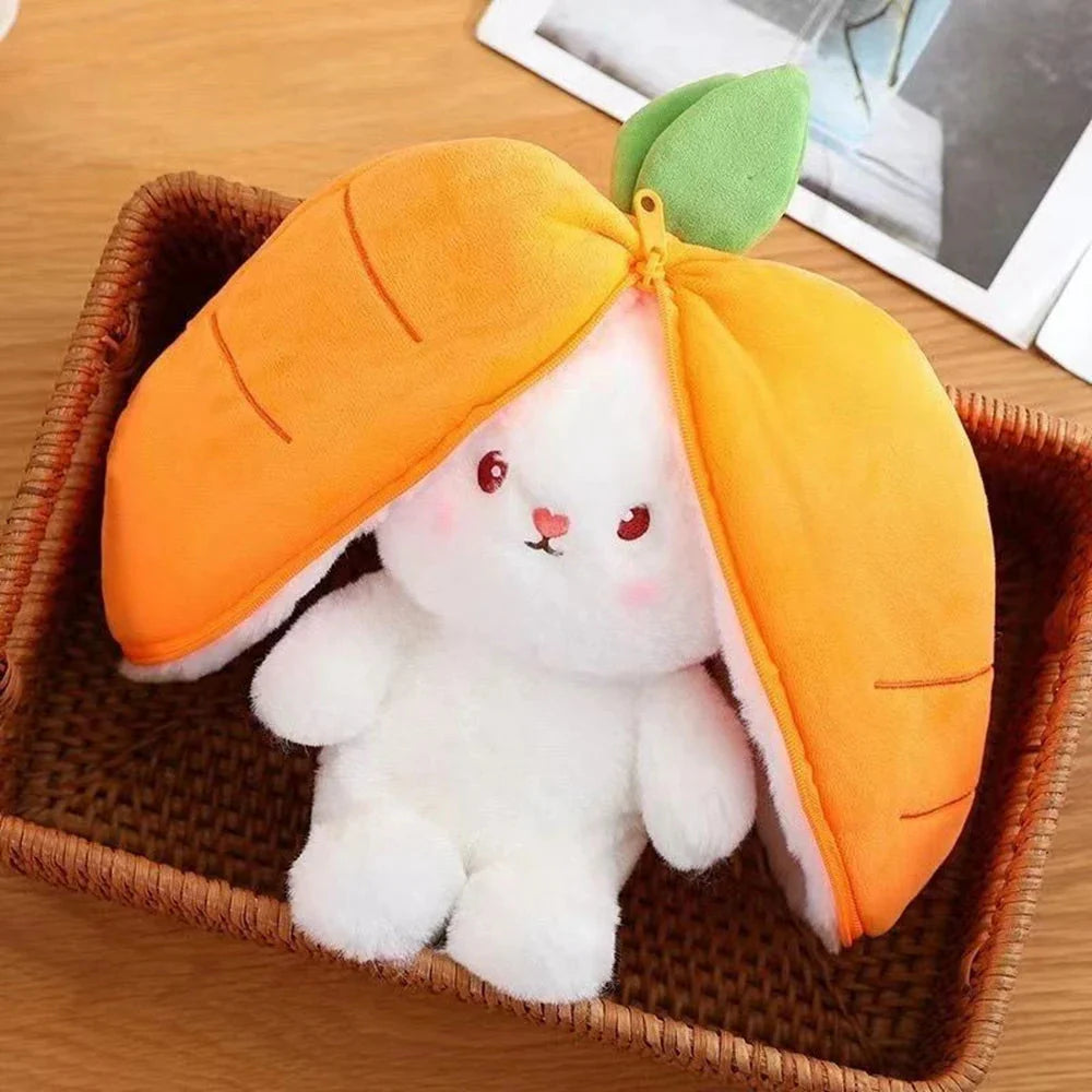 Adorable Fluffy Bunny Plushie with Strawberry and Carrot Accents - Zip Up Design!